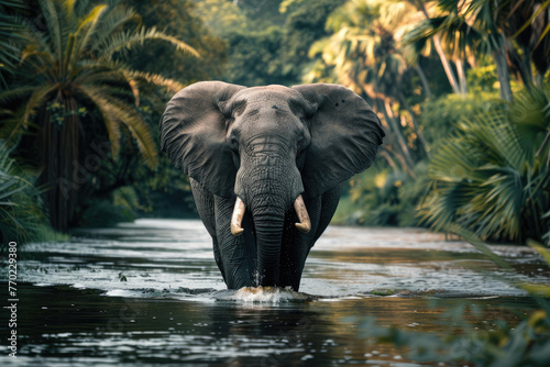 A gray elephant with large tusks wades through the river in an African jungle