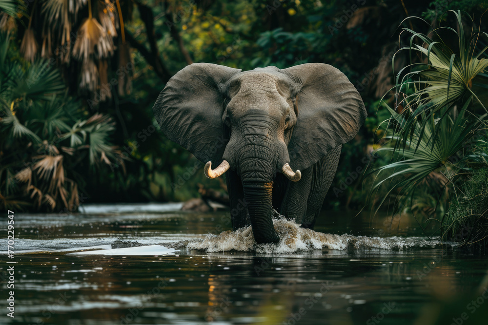 A gray elephant with large tusks wades through the river in an African jungle