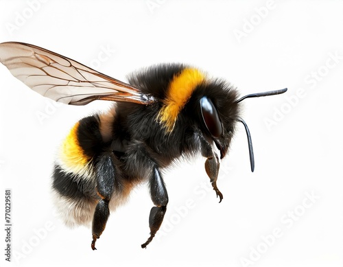 Close-up of a bumblebee in flight isolated against a white background