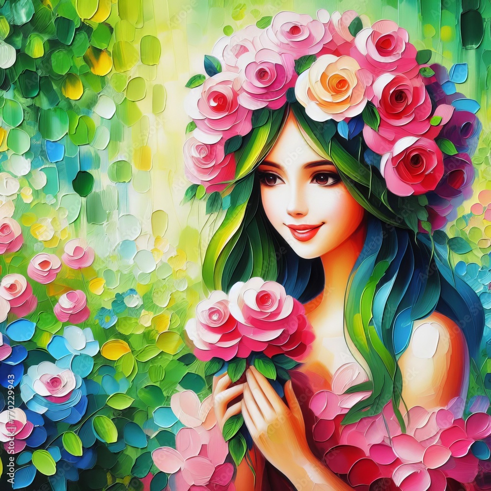 Abstract artistic illustration of an oil painting featuring a young woman adorned with pink rose ornaments contemplating a flourishing environment
