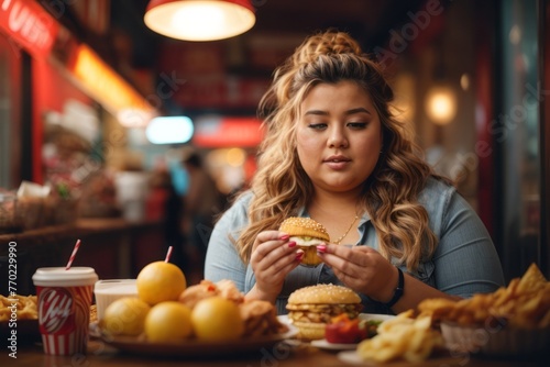 fat girl eating junk food in fast food restaurant