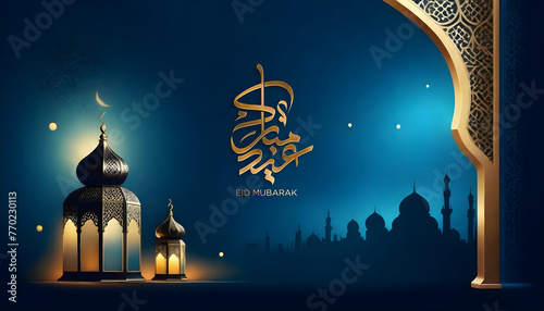 eid mubarak royal elegant lamp with mosque blue background 
