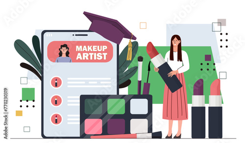 Make up artist online concept. Woman with lipstick and palette, foundation. Beauty, elegance and aesthetics. Girl with cosmetics products. Cartoon flat vector illustration isolated on white background