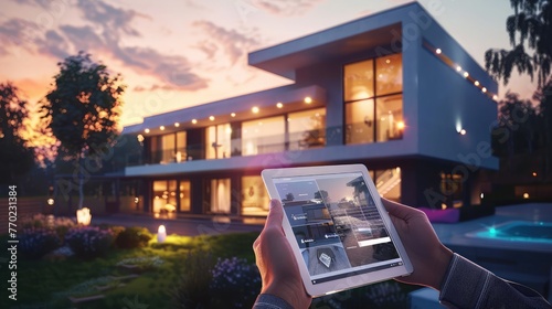 Render project of a new house using modern technologies. Hands holding tablet pc against view of a modern house at sunset,Hands holding tablet showing modern home. Virtual open house 