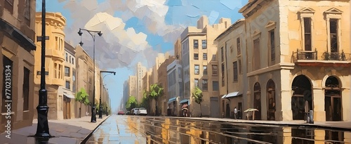 city ​​street scene painting. cityscape, impasto, palette knife