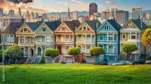 Late afternoon sun light up a row of colorful Victorian houses known as Painted Ladies across , olden Gate Bright Building, Colorful victorian houses in a row. photo