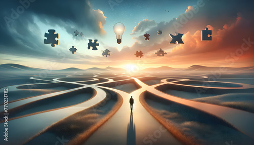 Figure at a crossroads in a maze with puzzle pieces and a lightbulb in the sky. photo
