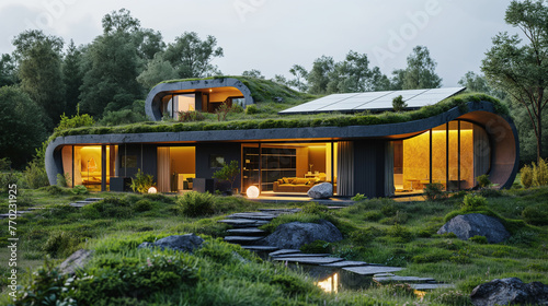 Modern house with garden and  photovoltaic solar cells on the roof for alternative energy production © Atlantist studio