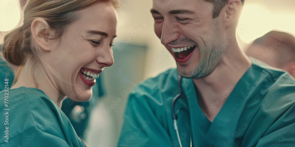 happy doctors laughing together in scrubs, generative AI happy doctors laughing together in scrubs, generative AI