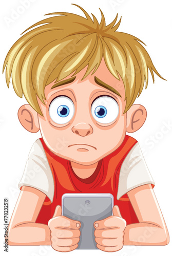 Cartoon of a concerned boy with a mobile device