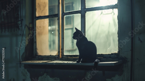 In a dimly lit alleyway a solitary cat perches on a windowsill illuminated only by the gentle glow of a nearby street lamp. . .