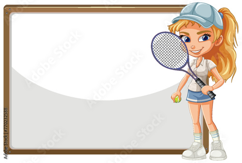 Cartoon of a girl holding a tennis racket smiling.