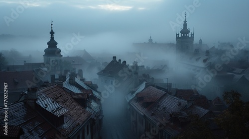 Calm composition of the image of the roofs of the old city in fog. Atmosphere of peace and tranquility. Generative AI © kovalovds