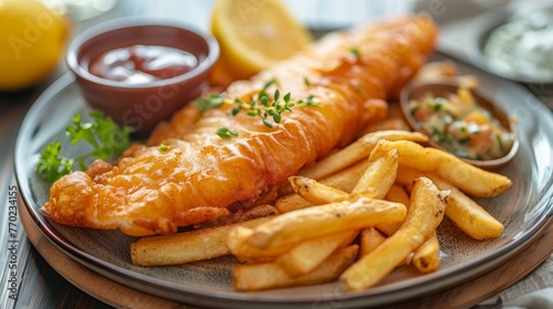 Fish and chips, A classic dish featuring deep-fried battered fish served with crispy fries, often accompanied by tartar sauce. 