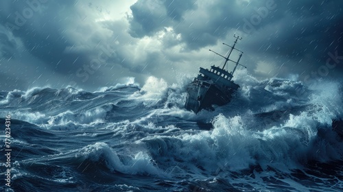 A shipwreck on a stormy sea, waves overwhelming the vessel, a metaphor for overwhelming challenges leading to disaster , 3D illustration © Pungu x