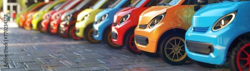Compact city cars parked in a tight row outside a bustling urban car rental office, ready for the next traveler , 3D illustration