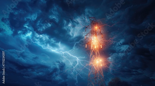 Lightning striking a tower, an ominous sign of sudden change and the vulnerability of manmade structures , 3D illustration