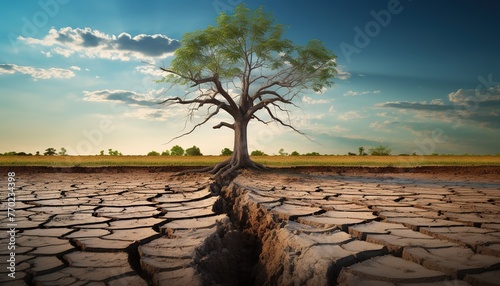 Dry cracks in the soil with a tree-cracked, earth with a desolate landscape
