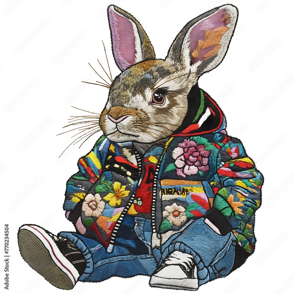 Gray rabbit wearing a jacket, street fashion, dressed as a street gang ...