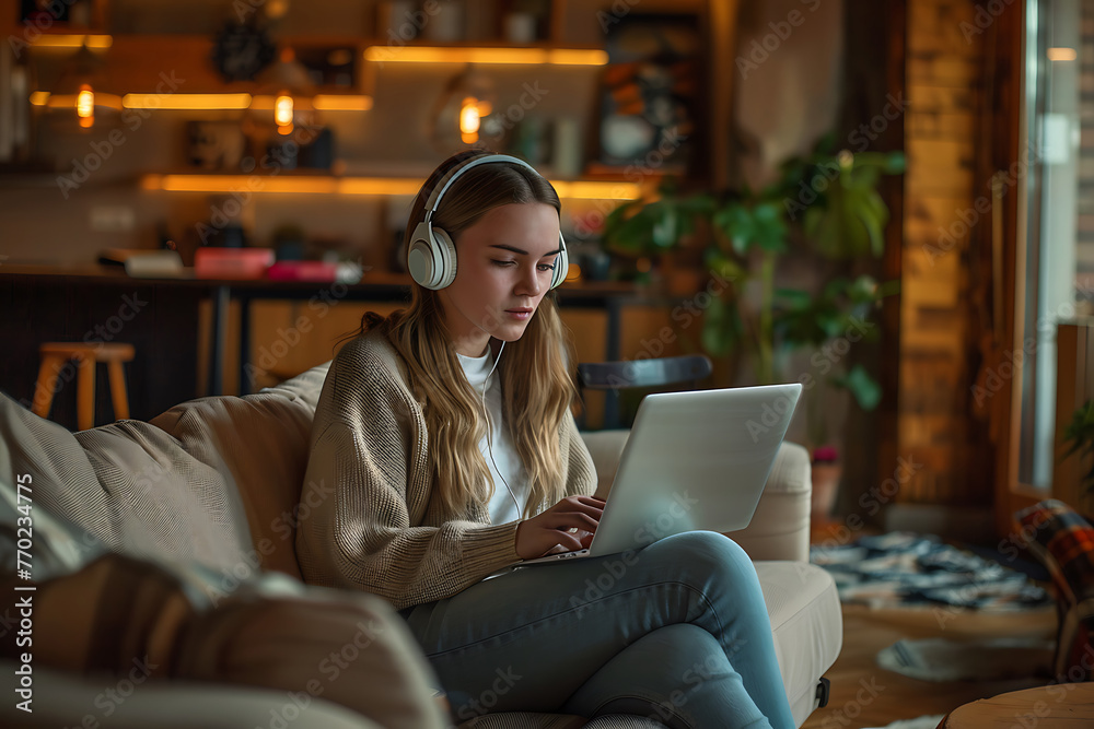 teenager girl looking at a laptop in modern living room at home teenager girl looking at a laptop in modern living room at home