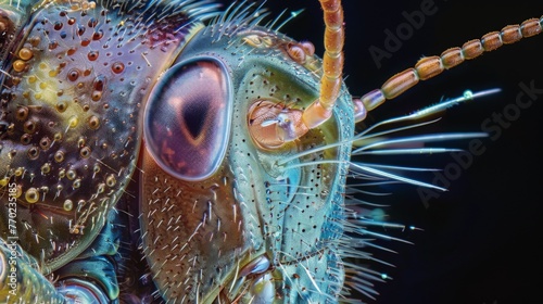 Detailed observation of the mandibles of a grasshopper revealing tiny sensory hairs and ridges for grasping and chewing.