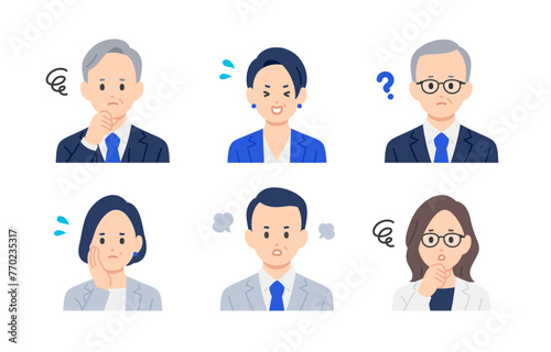 ネガティブな経営者･管理職の男女上半身セット【人物ベクターイラスト素材】