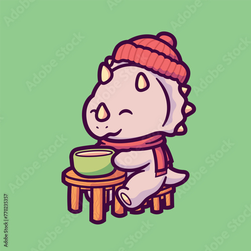 cartoon dinosaur vector illustration design drinking hot tea