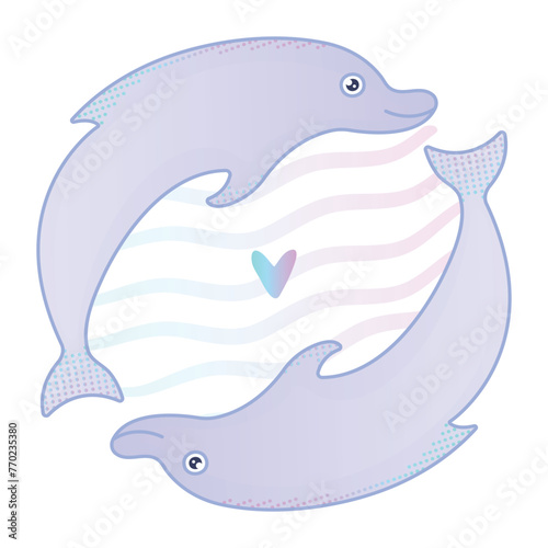 Two cute gradient dolphins are in love, nautical illustration