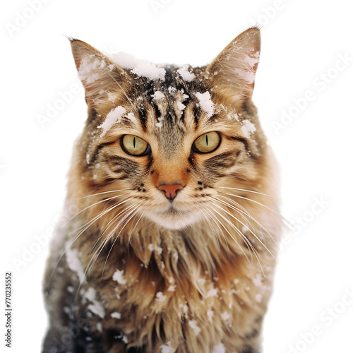 illustration of cat in the snow in the style, Isolated on transparent PNG background, Generative ai