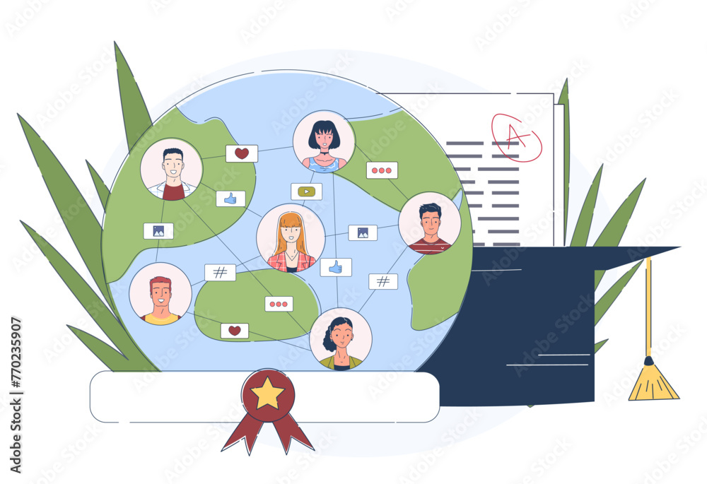 International graduates simple. Men and women avatars with planet. International communication and interaction. Education and training. Doodle flat vector illustration isolated on white background