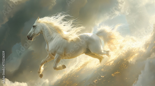 An albino Horse is flying.