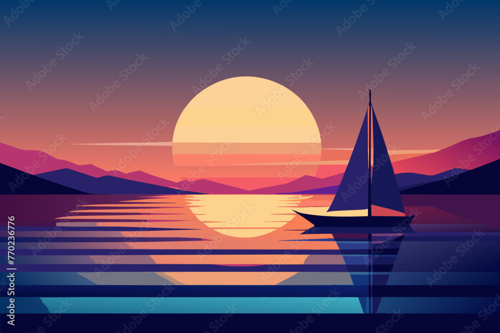 illustration of behind a sailboat on the horizon
