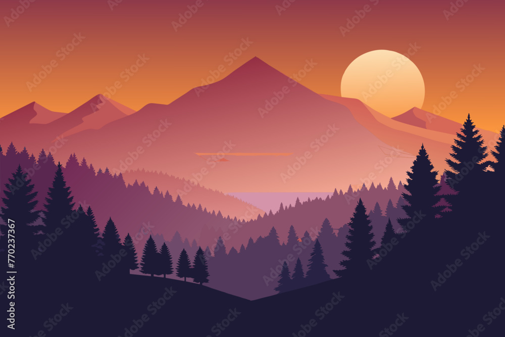 illustration of sunset with magical forest