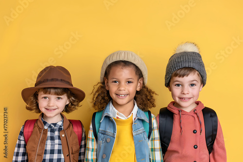Happy diverse junior school students children isolated on colored background 