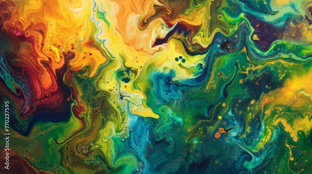 The chaotic mixture of colors resembles an acid trip with meltdowns of bright yellows greens and blues.