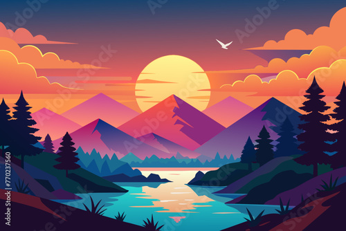  sunrise cloud glossy style colourful mountains silhouette vector illustration