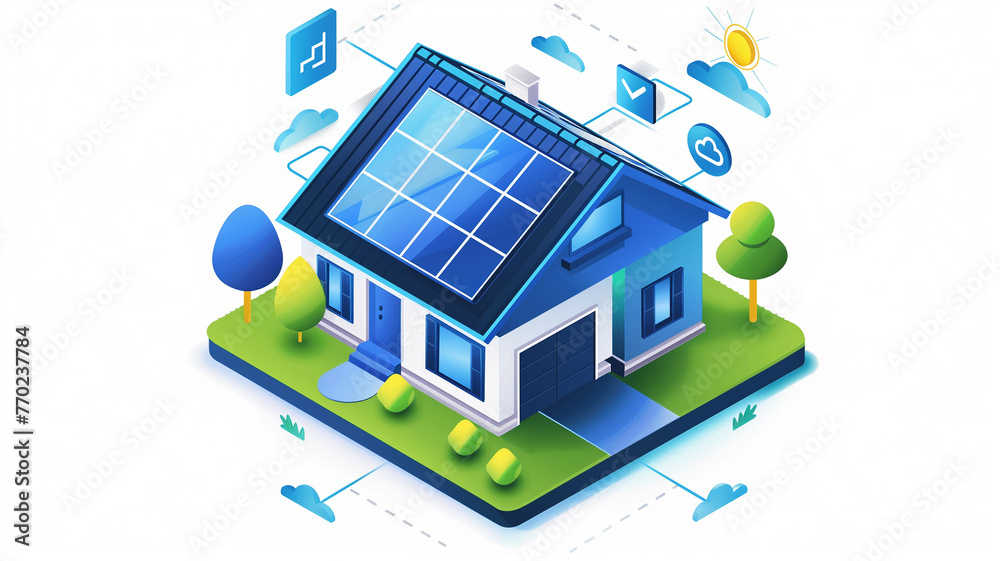 Isometric smart home with solar panels.