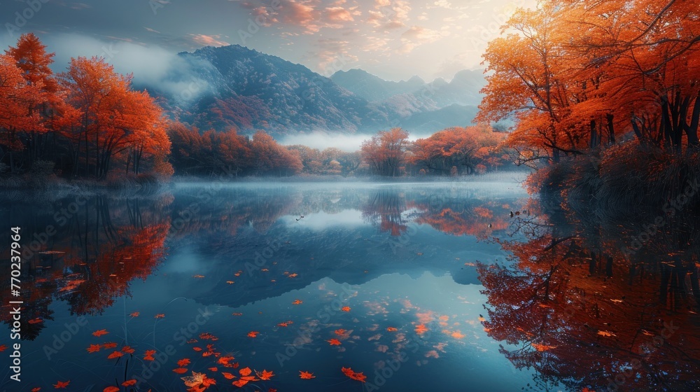A beautiful autumn day with a lake in the background. The water is calm and the trees are full of leaves. The sky is cloudy and the sun is shining through the clouds