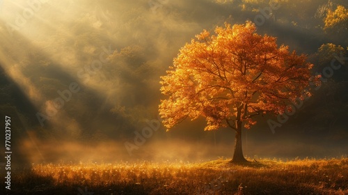 A tree with leaves that are orange and yellow. The tree is in a field with a lot of grass. The sun is shining on the tree, making it look very beautiful