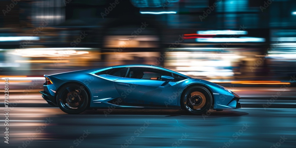 A vibrant blue sports car speeding down a bustling city street, surrounded by buildings and pedestrians