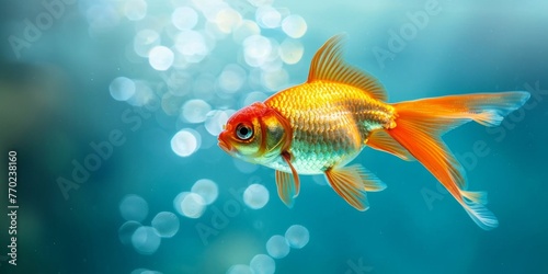 A vibrant goldfish gracefully swims among bubbles in an aquarium © tashechka