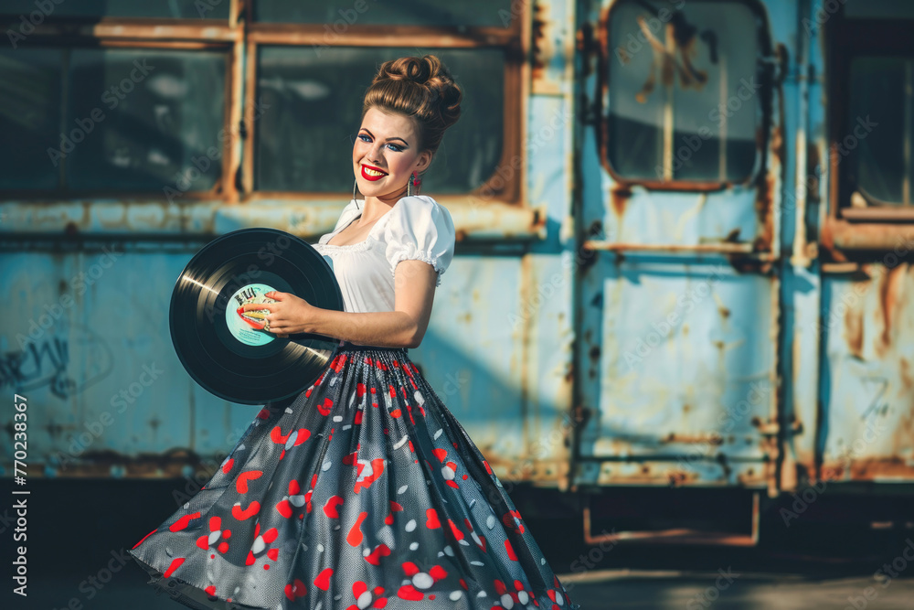 A woman in a full 1950s skirt, with bold makeup and a playful smile, dances the rock and roll