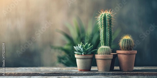 Three assorted potted cacti and succulents displayed on a wooden table photo