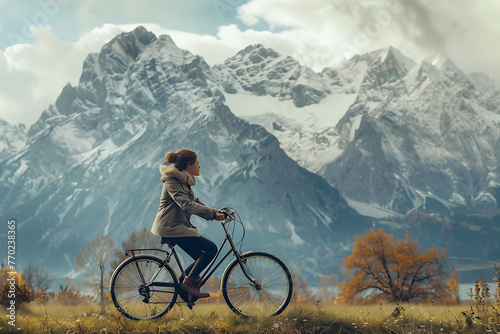 happy young woman riding a bicycle alone, girl in mountain background, active lifestyle and happy travel