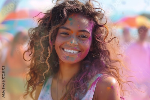 smiling young woman on traditional indian holi festival, happy celebration outdoor summer event lifestyle