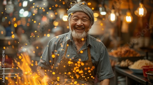 Happy chef cooking with a wok pot in a busy Asian street food market photo