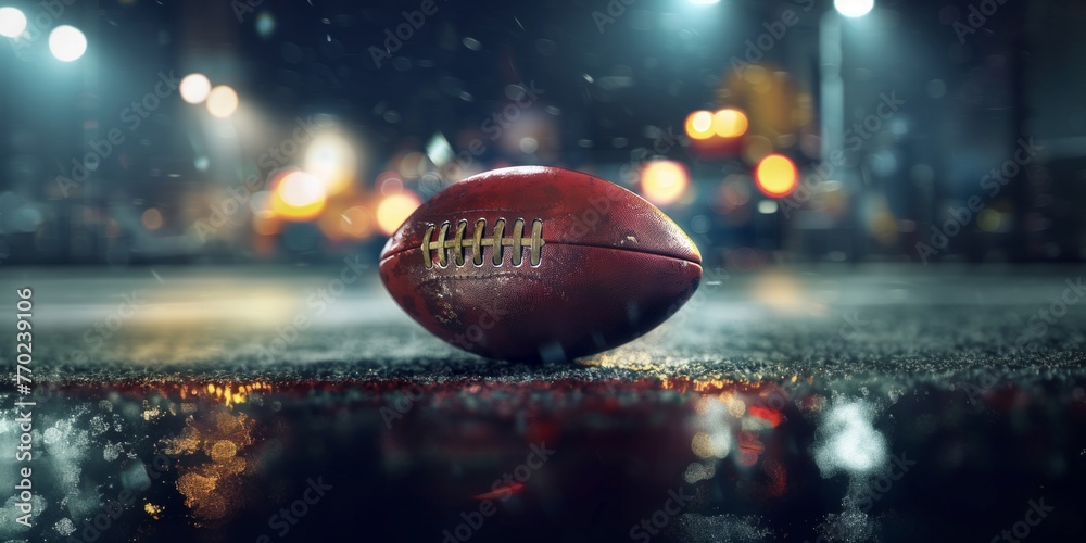 A football lies on the wet ground during a rainy day, showcasing the sport being played despite the weather conditions