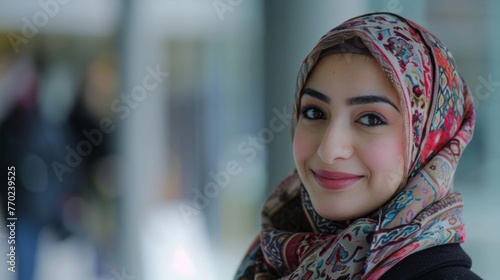 A woman in a headscarf smiling at the camera