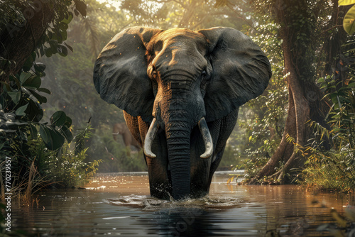 A gray elephant with large tusks wades through the river in an African jungle