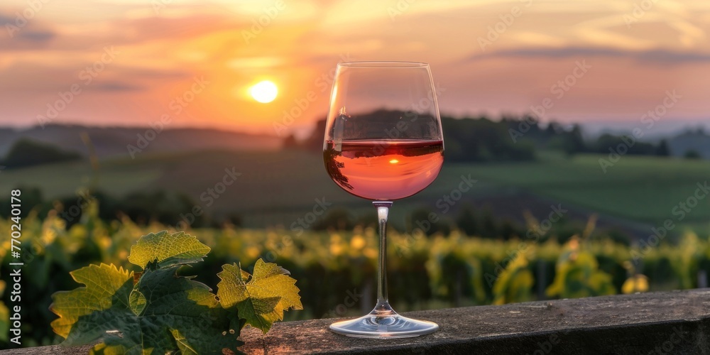 A glass of pink wine is placed on top of a wooden table